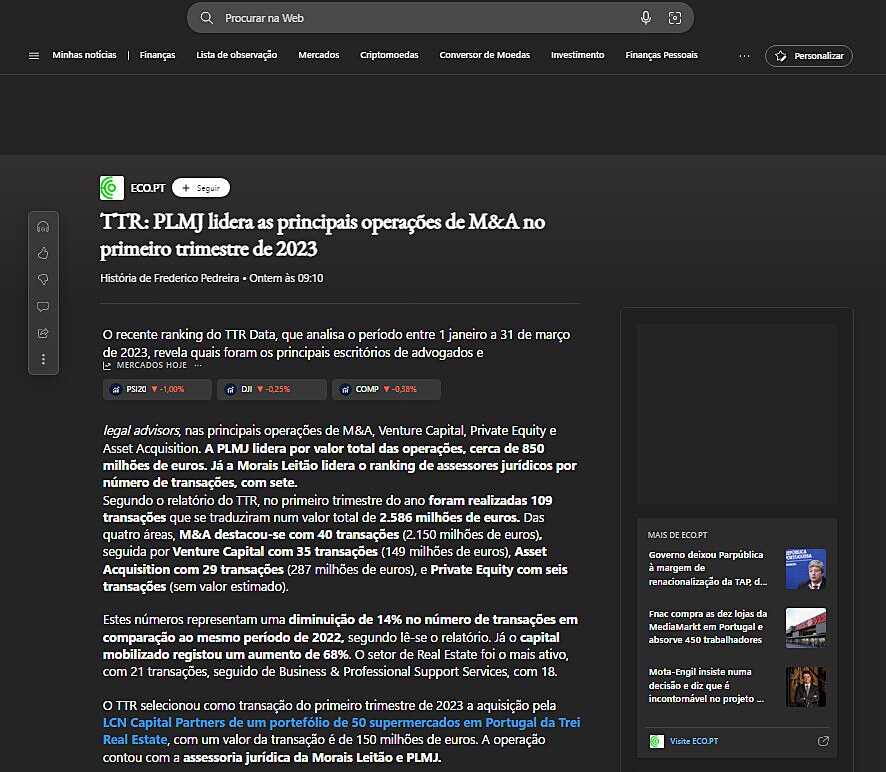 TTR: PLMJ lidera as principais operaes de M&A no primeiro trimestre de 2023